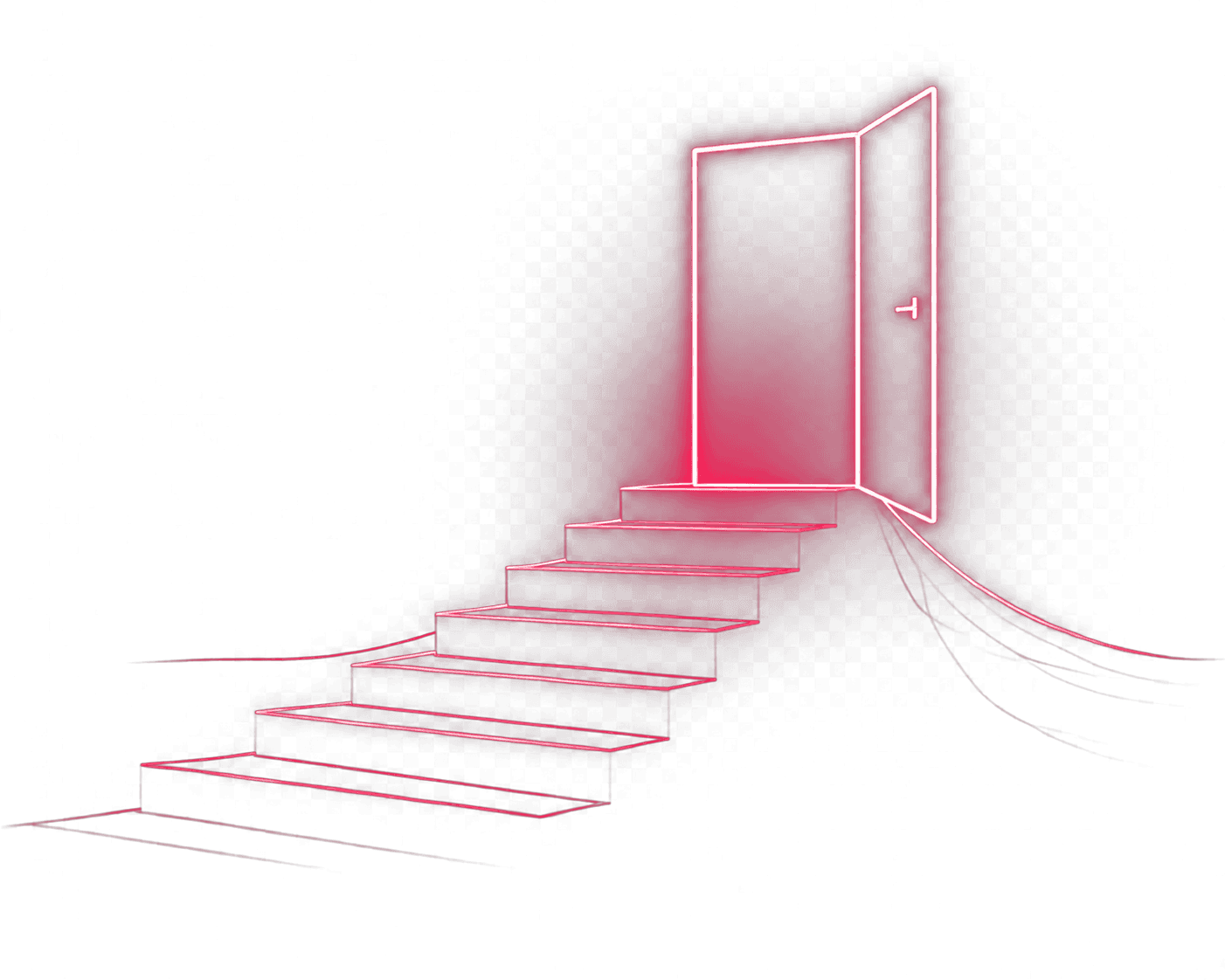 A glowing staircase leading to an open door